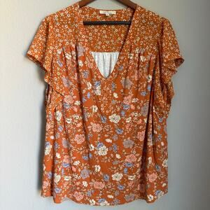 Women's Les Serein Rust Floral Top V-Neck Flutter Sleeve Fall Plus Size 3X
